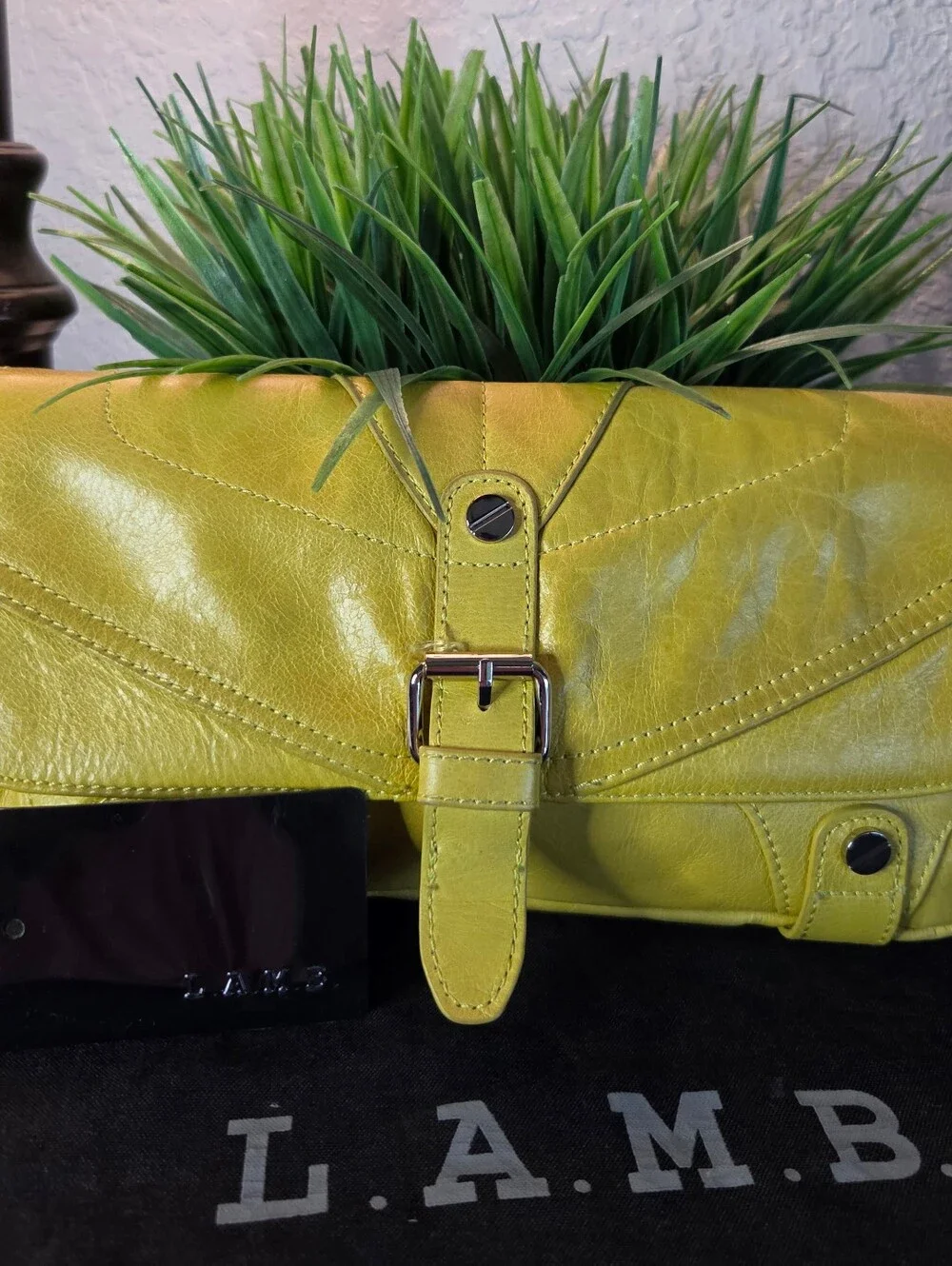 Vintage L.A.M.B. Gwen Stefani Chartreuse Leather Buckle Clutch Y2K